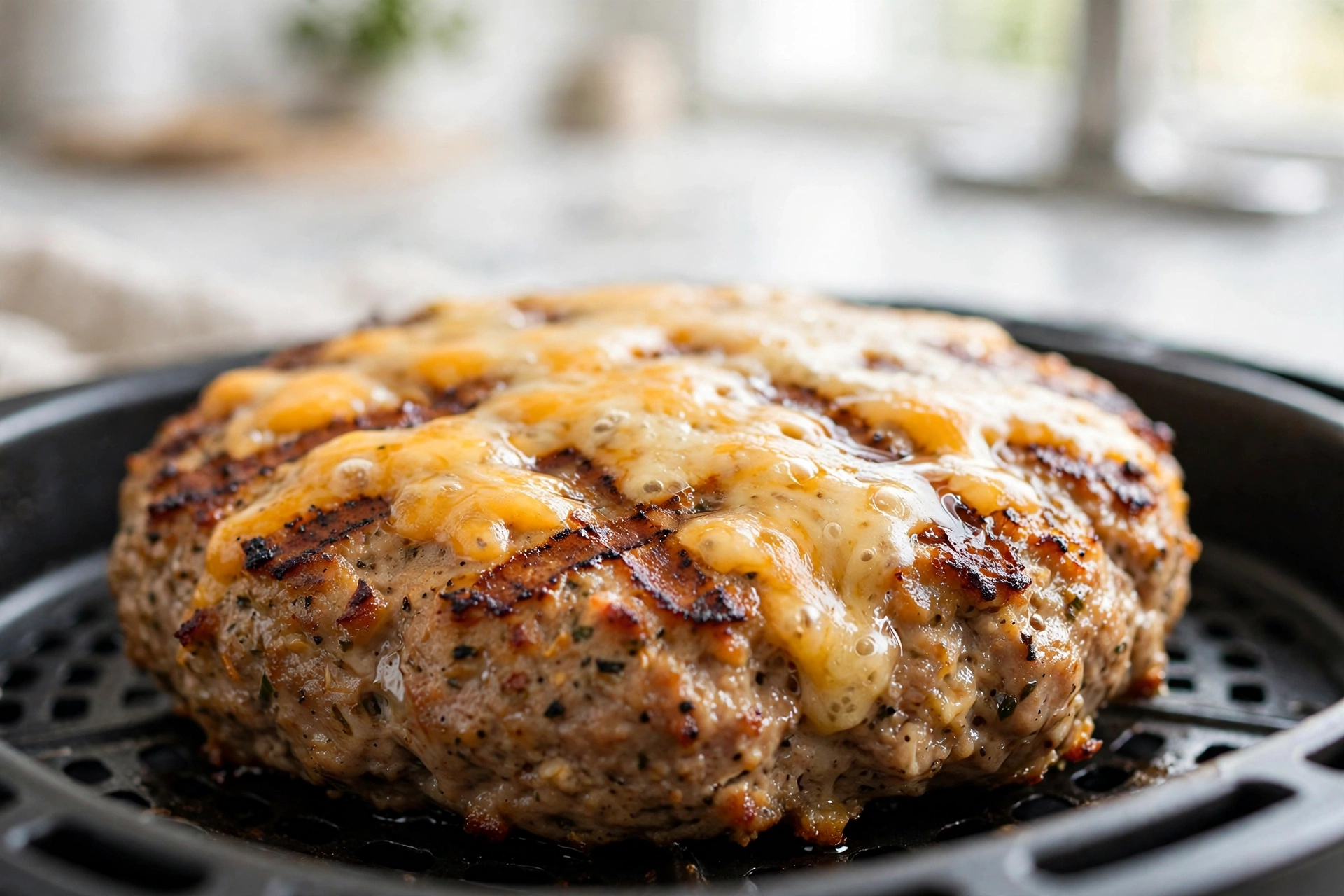 Close-up of a crispy turkey burger patty