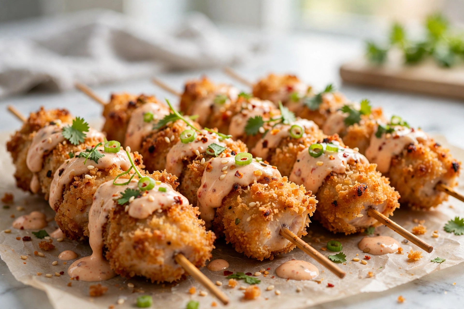 Bang bang chicken skewers close-up
