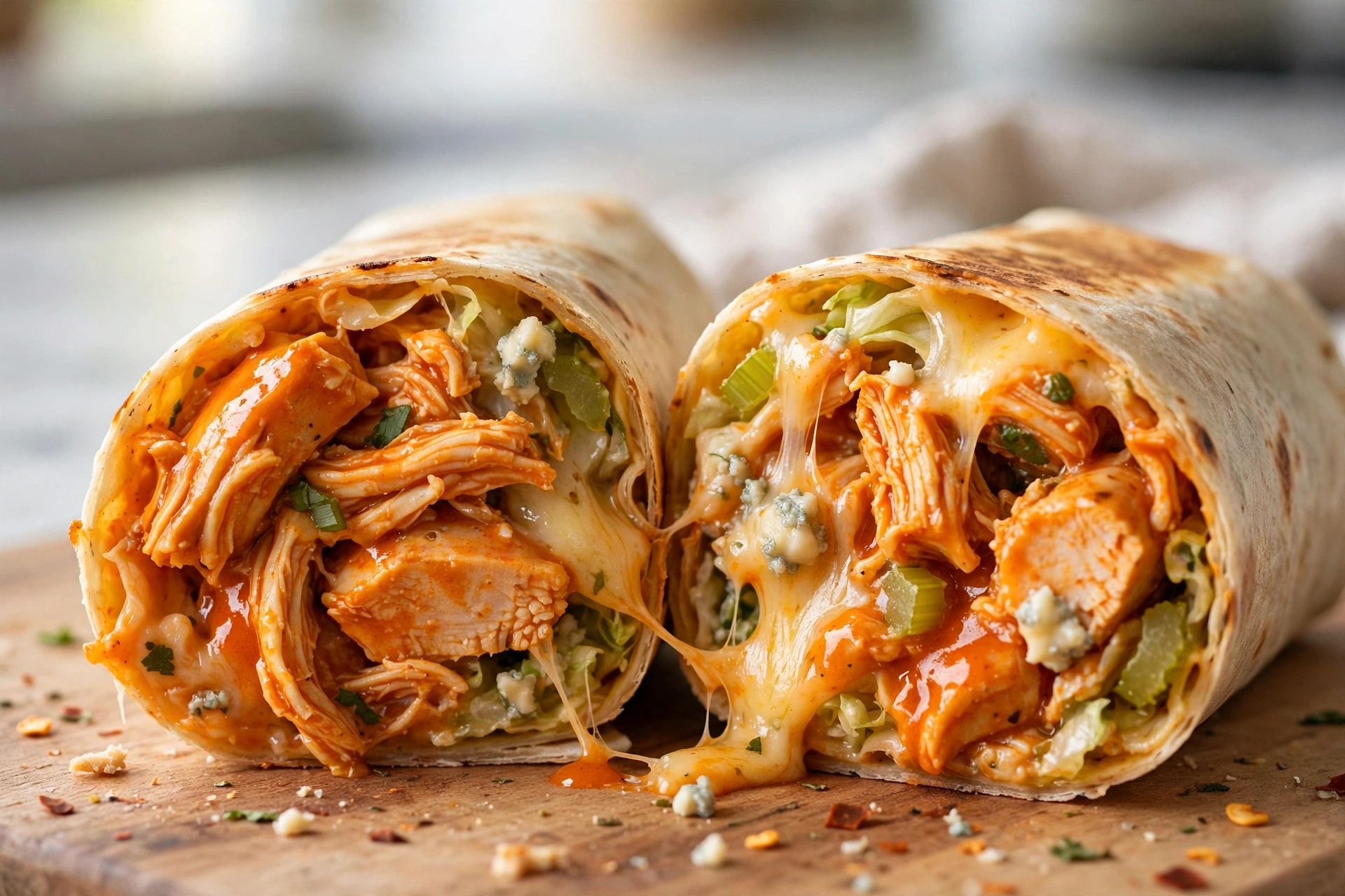 Buffalo chicken wrap cut in half showing spicy chicken filling