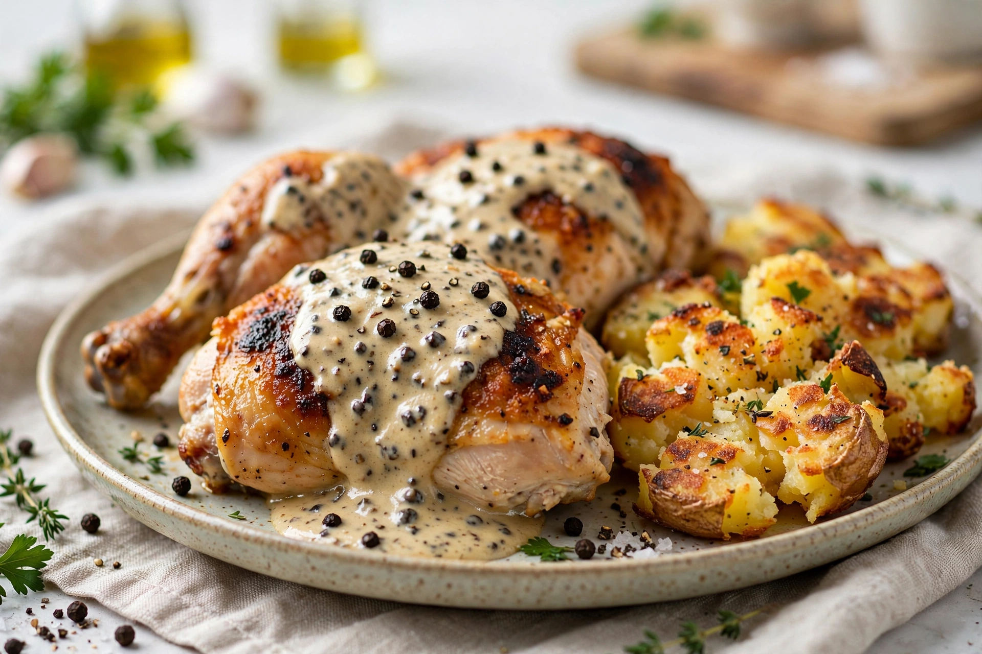 Chicken au poivre with potatoes