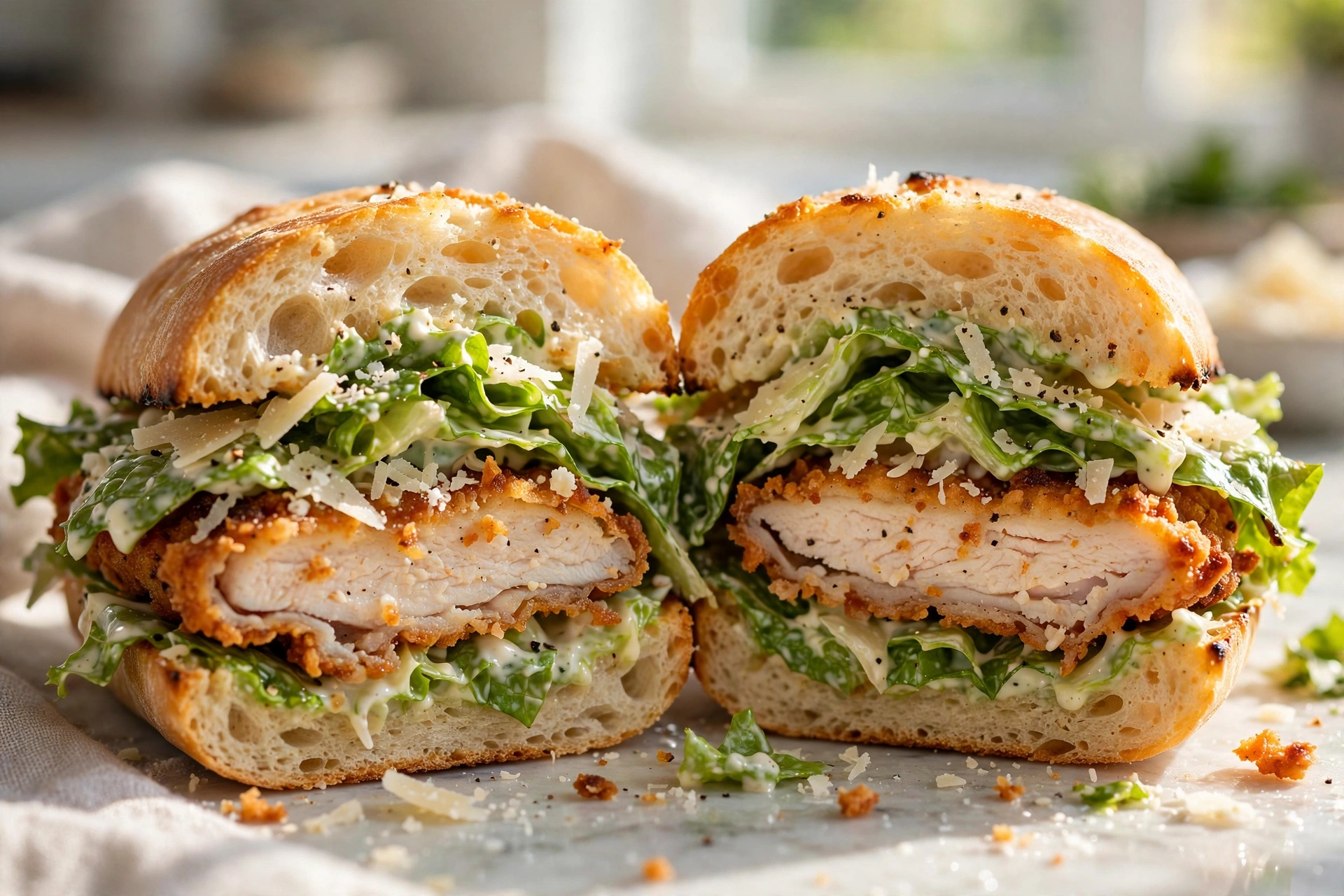 Crispy chicken Caesar sandwich cut in half
