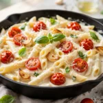 High protein cottage cheese pasta with cherry tomatoes and basil