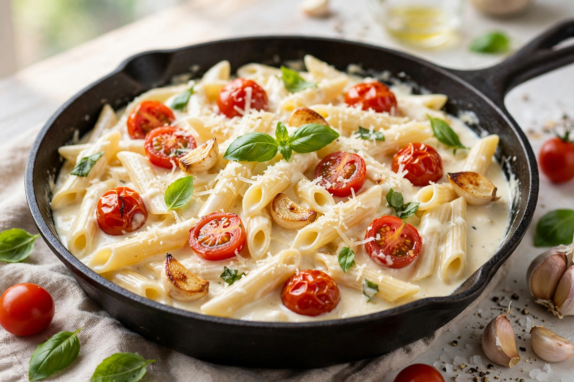 High protein cottage cheese pasta with cherry tomatoes and basil