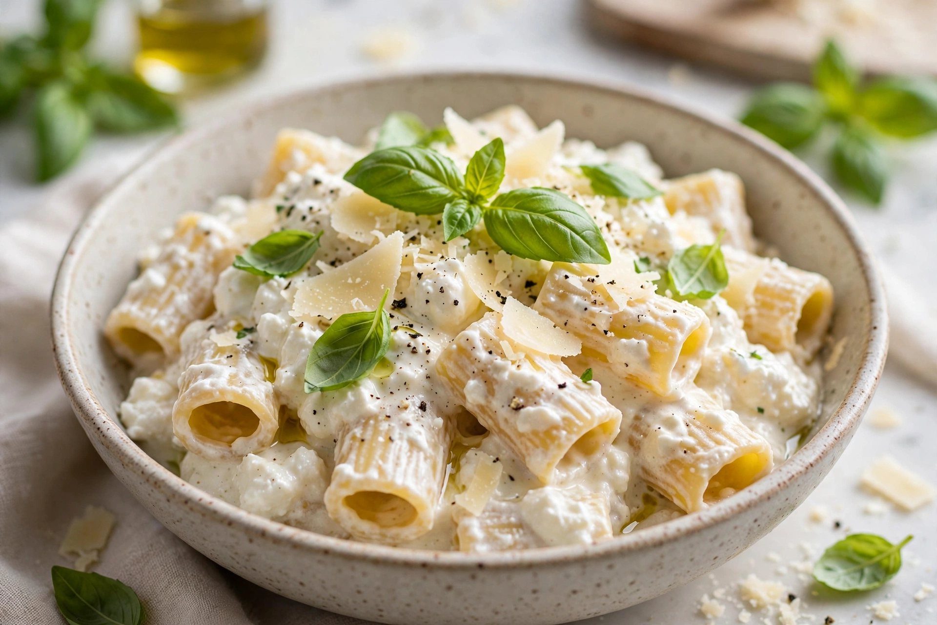 High protein cottage cheese pasta bowl close-up with basil and parmesan