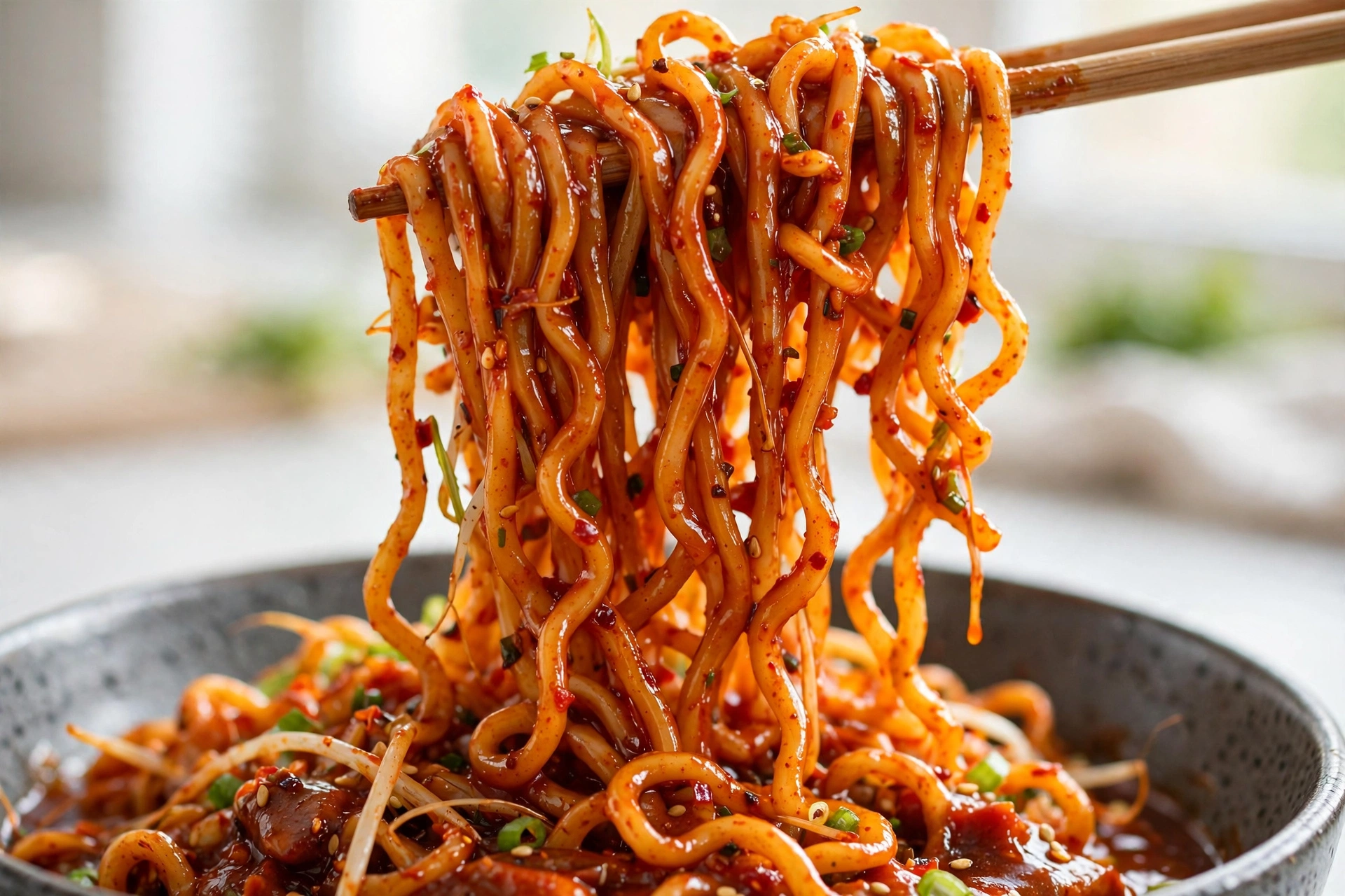 Close-up of spicy gochujang noodles