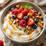High Protein Greek Yogurt Bowl with berries, granola and honey