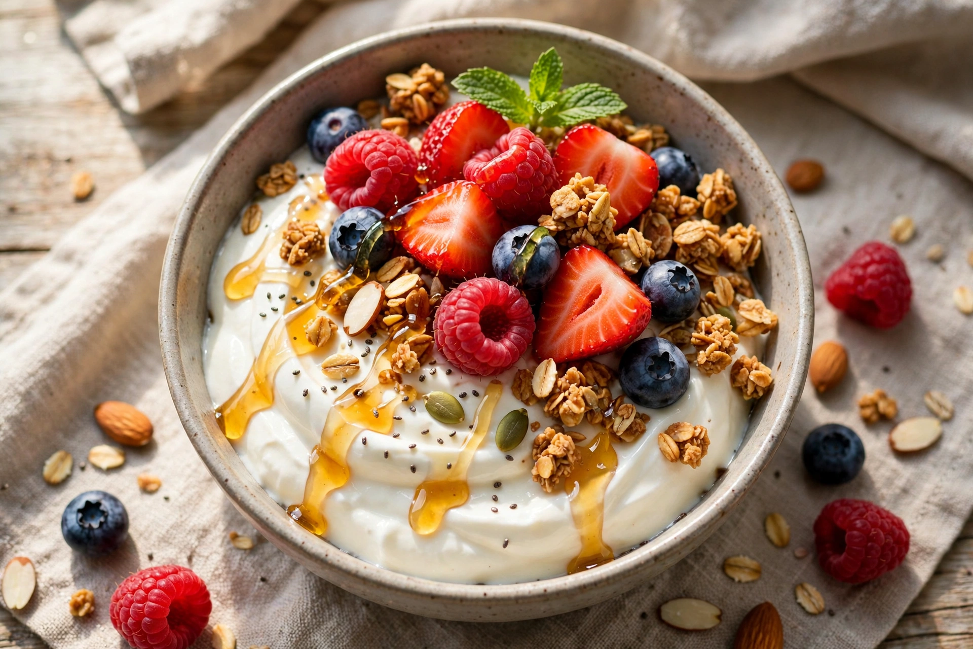 High Protein Greek Yogurt Bowl with berries, granola and honey