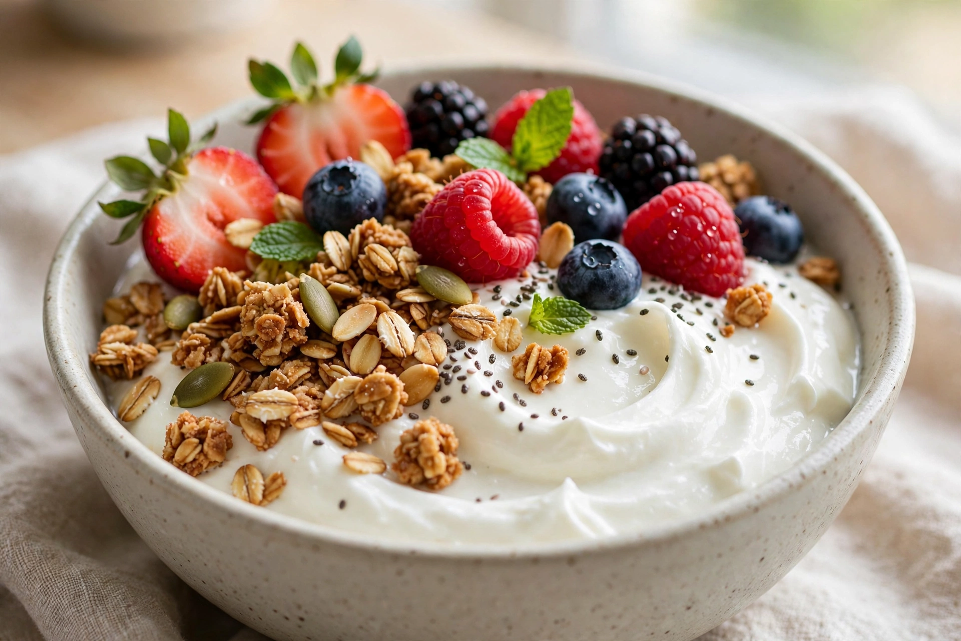 Greek yogurt bowl close-up with berries, granola and honey