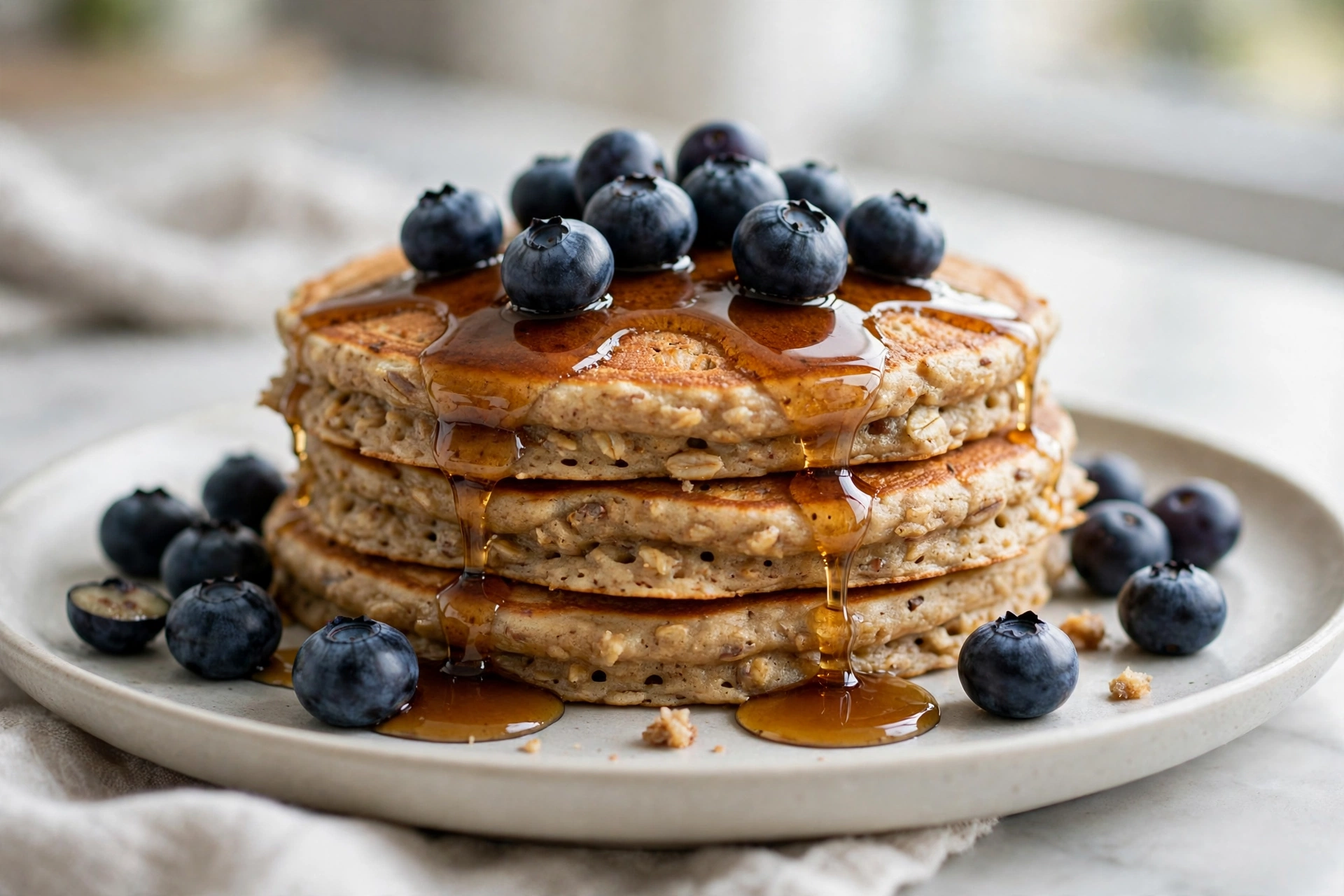High protein pancakes close-up with berries