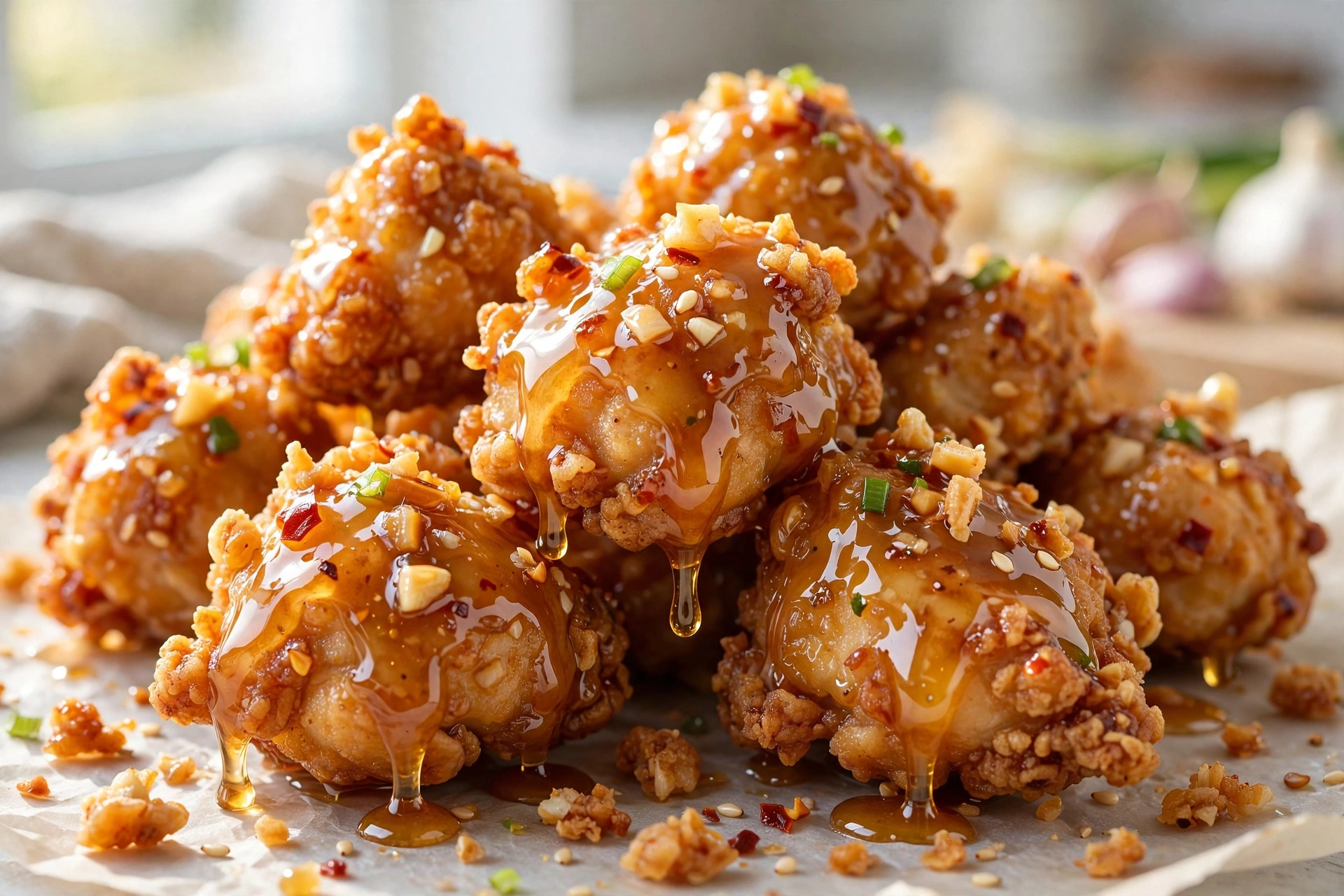 Honey garlic popcorn chicken close-up