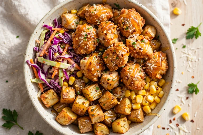 Hot Honey Garlic Parmesan Chicken Bowl with crispy chicken, corn and slaw