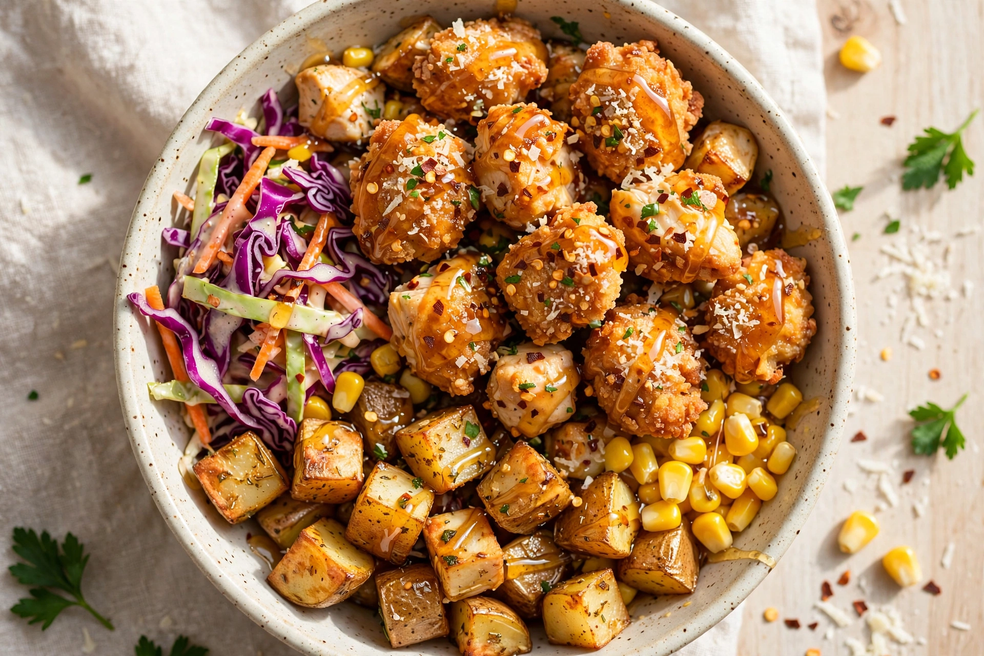 Hot Honey Garlic Parmesan Chicken Bowl with crispy chicken, corn and slaw