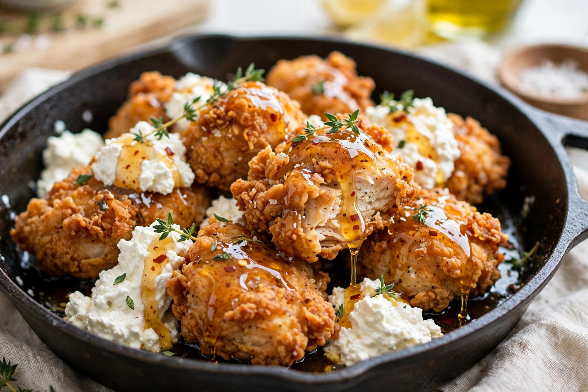 Crispy chicken with whipped feta and hot honey drizzle