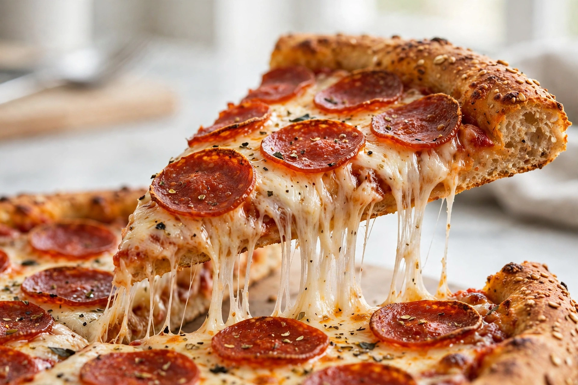 Pepperoni pizza slice with a cheese pull