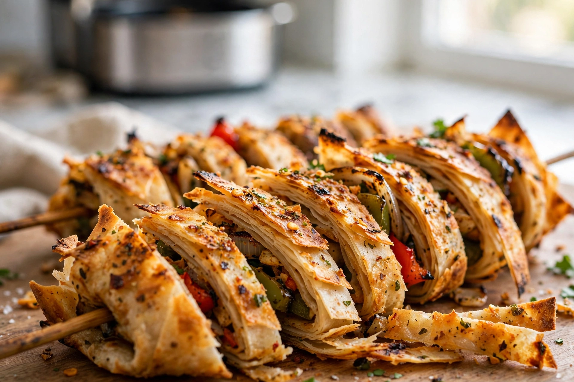 Tortilla kebab skewers close-up, golden and juicy from the air fryer